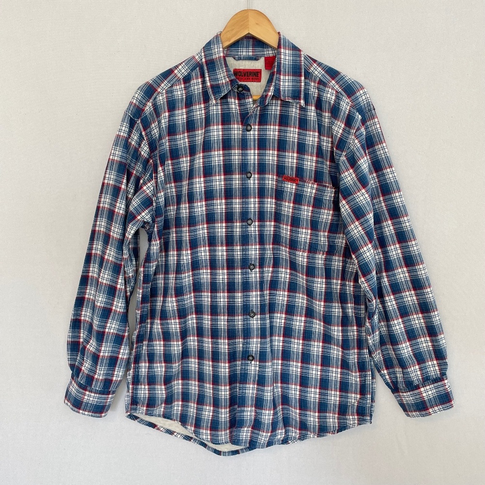 WOLVERINE Boots & Gear Men’s Medium Sweatshirt Lined Blue & White Plaid Shirt